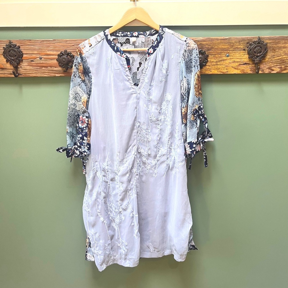 TINY Anthropologie Laced Lotus Floral Embroidered Tunic Dress Blue Large